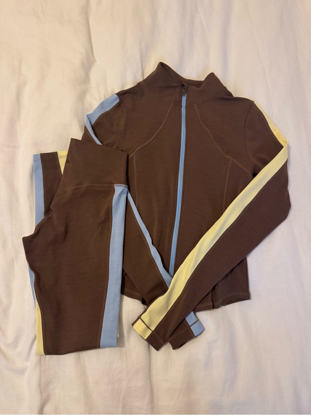 Vitality Brown Zip-Front Active Set with Blue and Pale Yellow Stripes